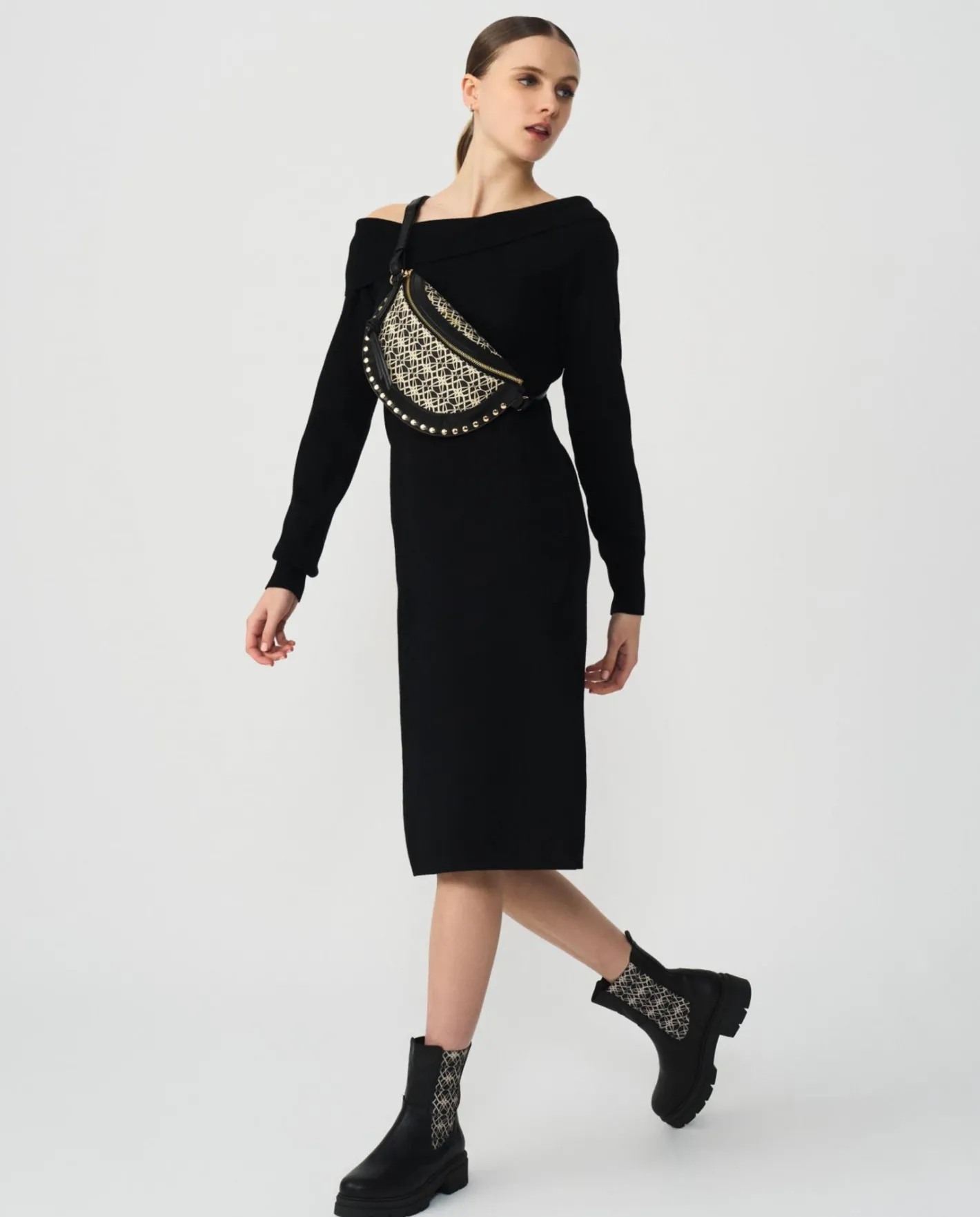 Cuplé Vestido Midi Escote Drapeado Punto Negro^Mujer Vestidos