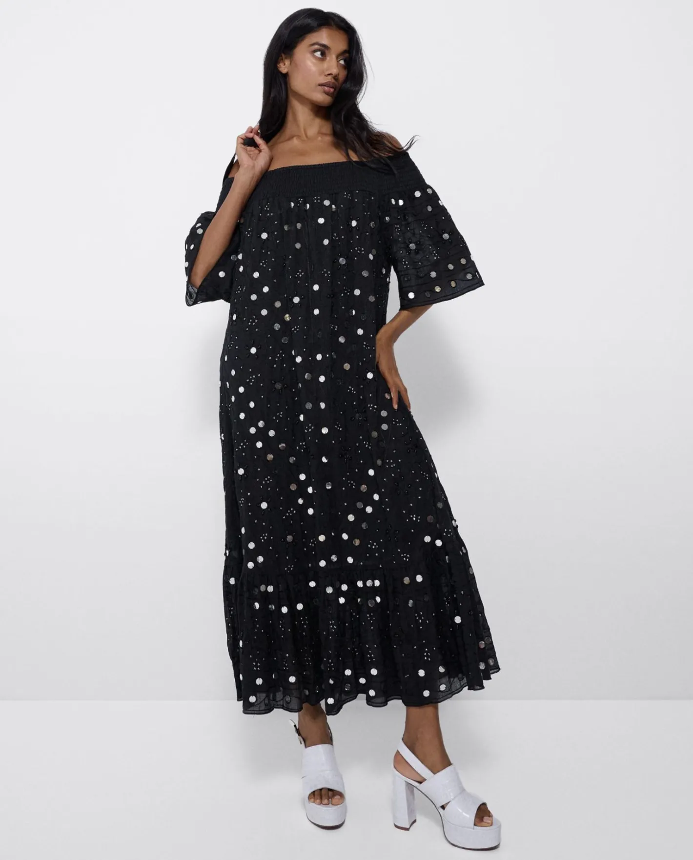 Cuplé Vestido Midi Espejos Algodon Negro^Mujer Vestidos