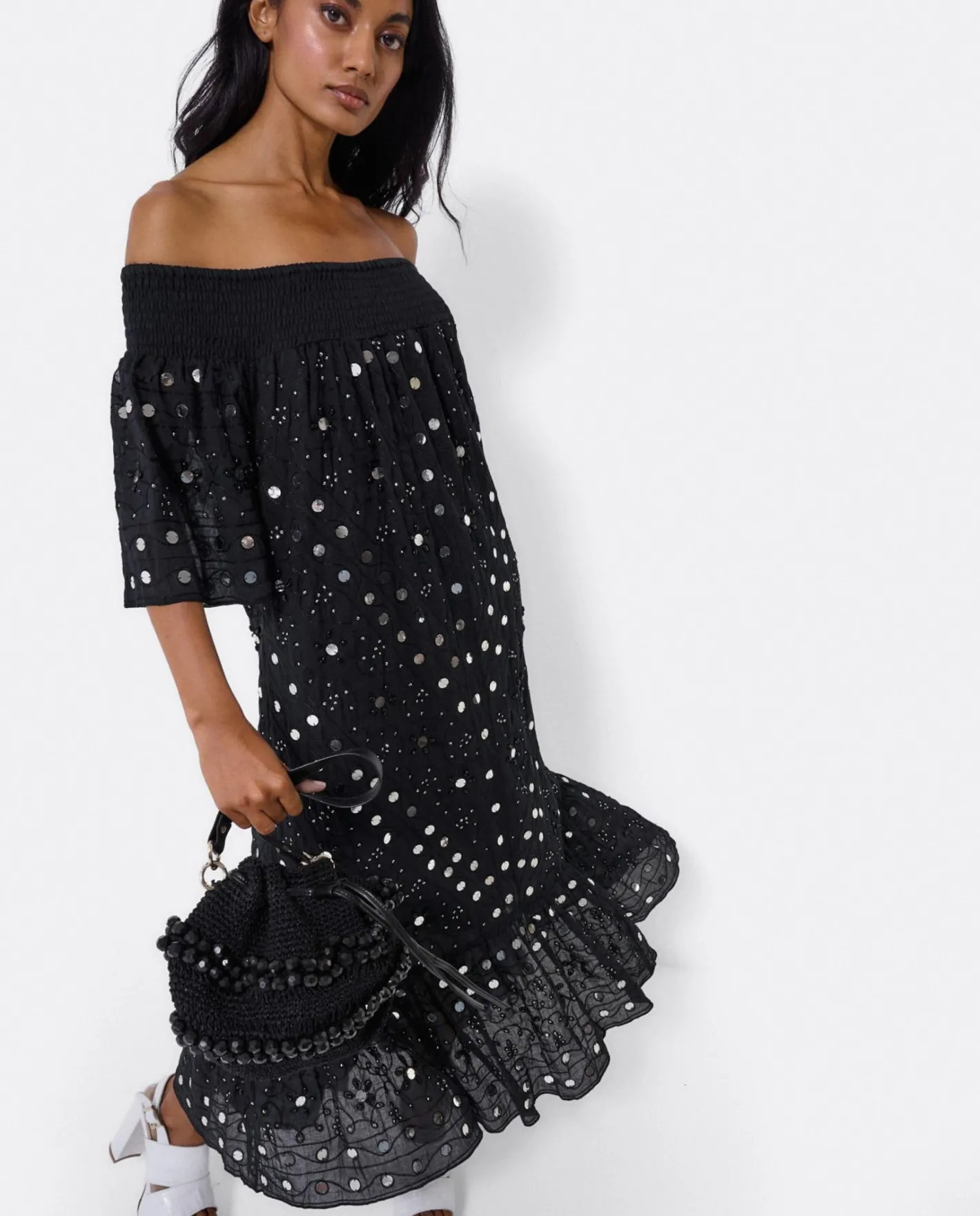 Cuplé Vestido Midi Espejos Algodon Negro^Mujer Vestidos
