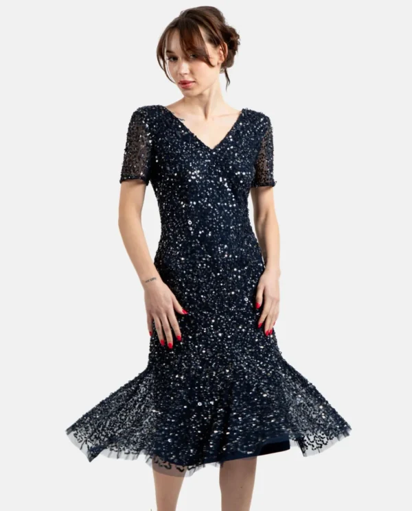 Cuplé Vestido Midi Volante Lentejuelas Marino^Mujer Vestidos