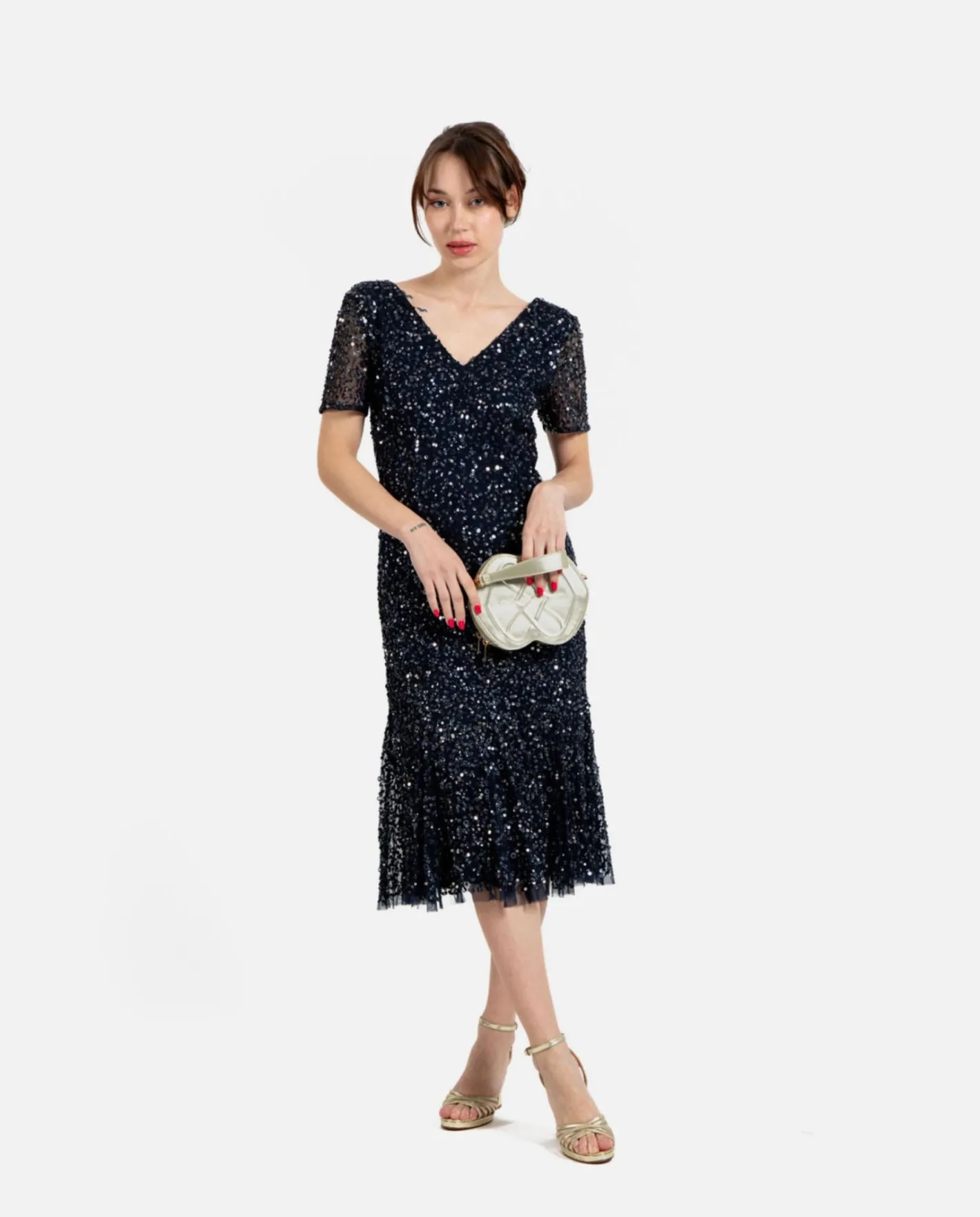 Cuplé Vestido Midi Volante Lentejuelas Marino^Mujer Vestidos